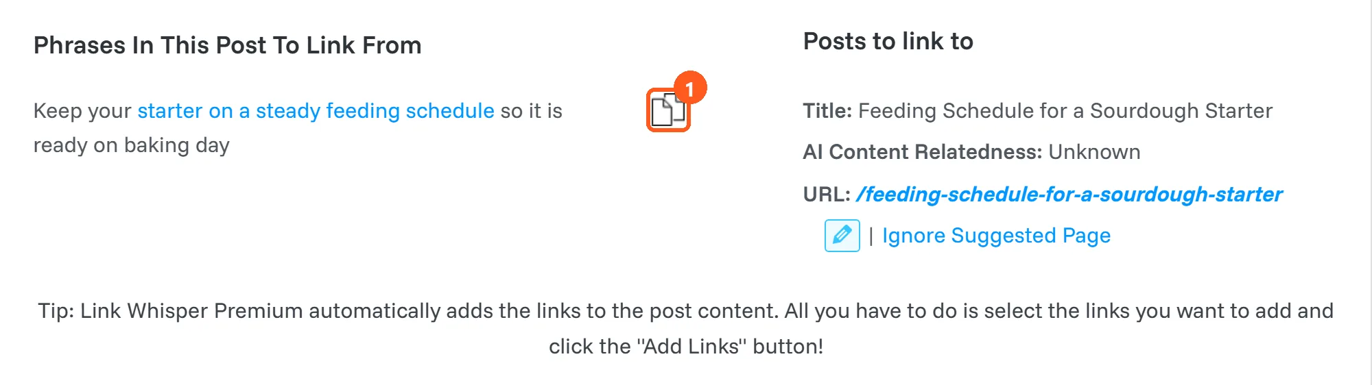 Link Whisper Free suggestion panel in the WordPress editor: a phrase from the post, the Copy link button and the post to link to