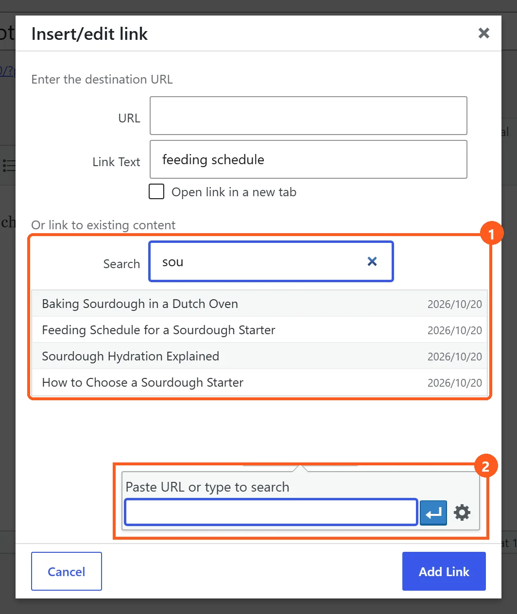 Classic editor Insert/edit link dialog in WordPress with the Or link to existing content search open