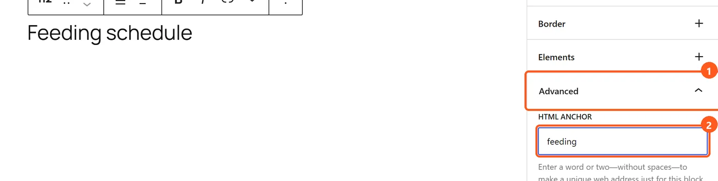 HTML anchor field under Advanced in the WordPress block settings, used to scroll to a section or link a page in WordPress to a heading