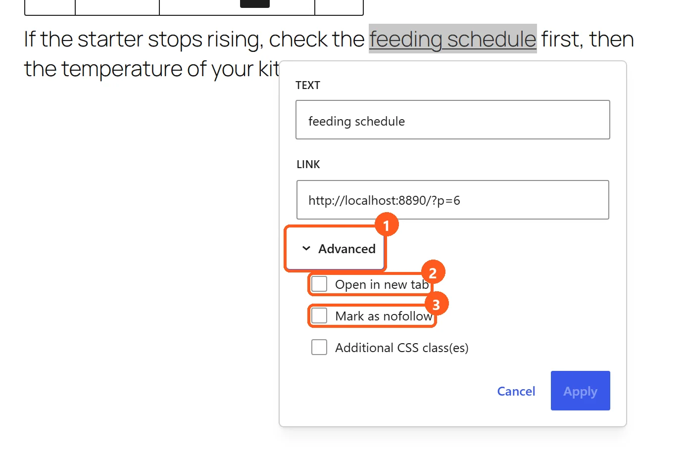 WordPress link options under Advanced in the block editor: Open in new tab and Mark as nofollow checkboxes