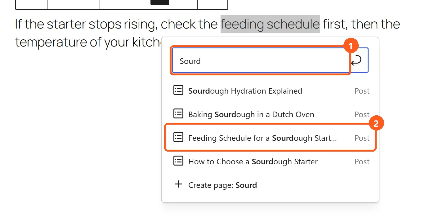 Adding an internal link in the WordPress block editor (Gutenberg): the Search or type URL field lists posts matching the typed title