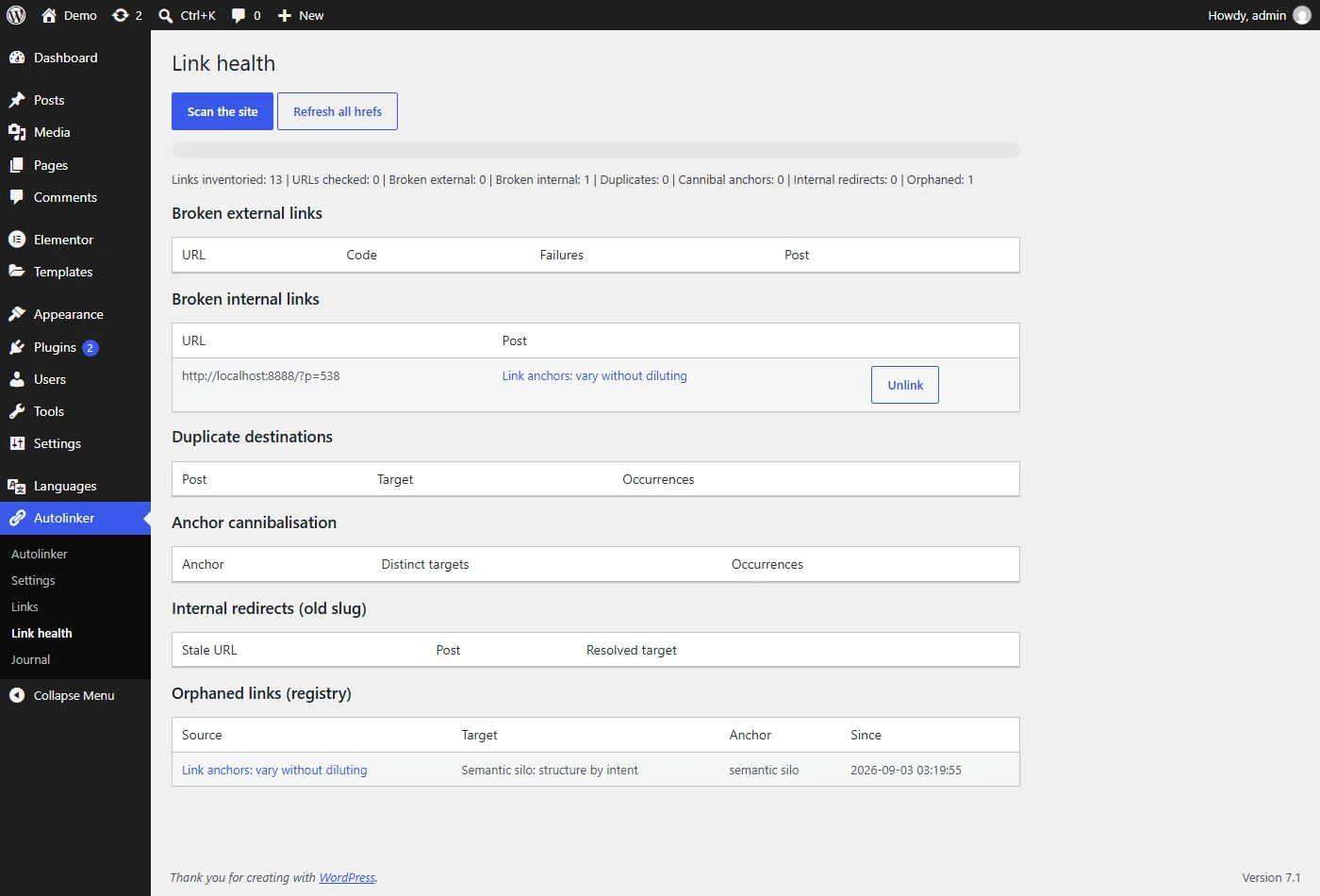 Autolinker admin screen: Link health
