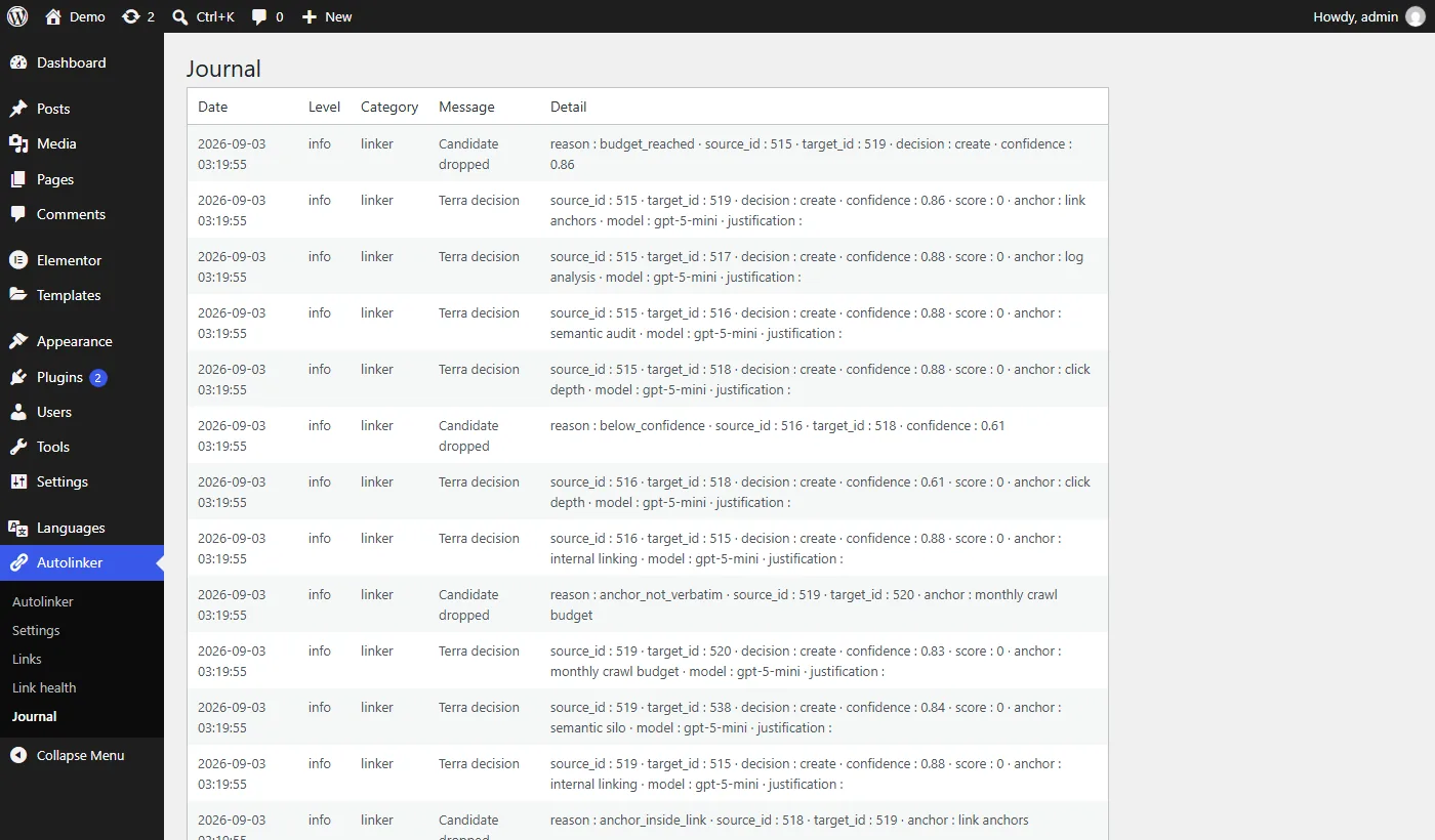 Autolinker admin screen: Journal